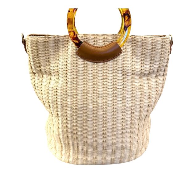 Hobo Sheila Raffia Circle Handle Tote Bag Straw Woven Tortoise Ring Handles - Picture 9 of 9